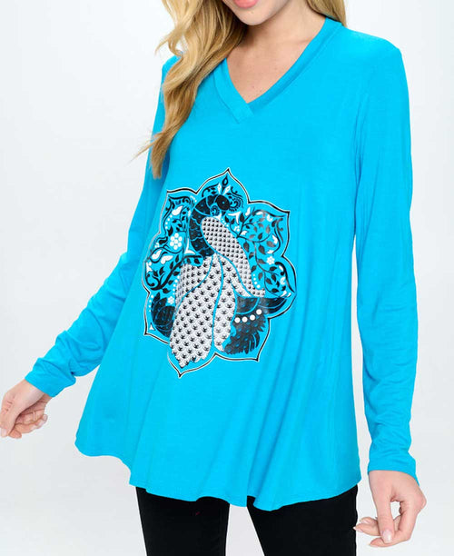 Peacock Lotus Mandala Tunic Tee, Made in USA